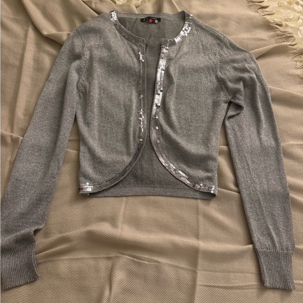 Chic Silver Women's Cardigan with Sequin Trim